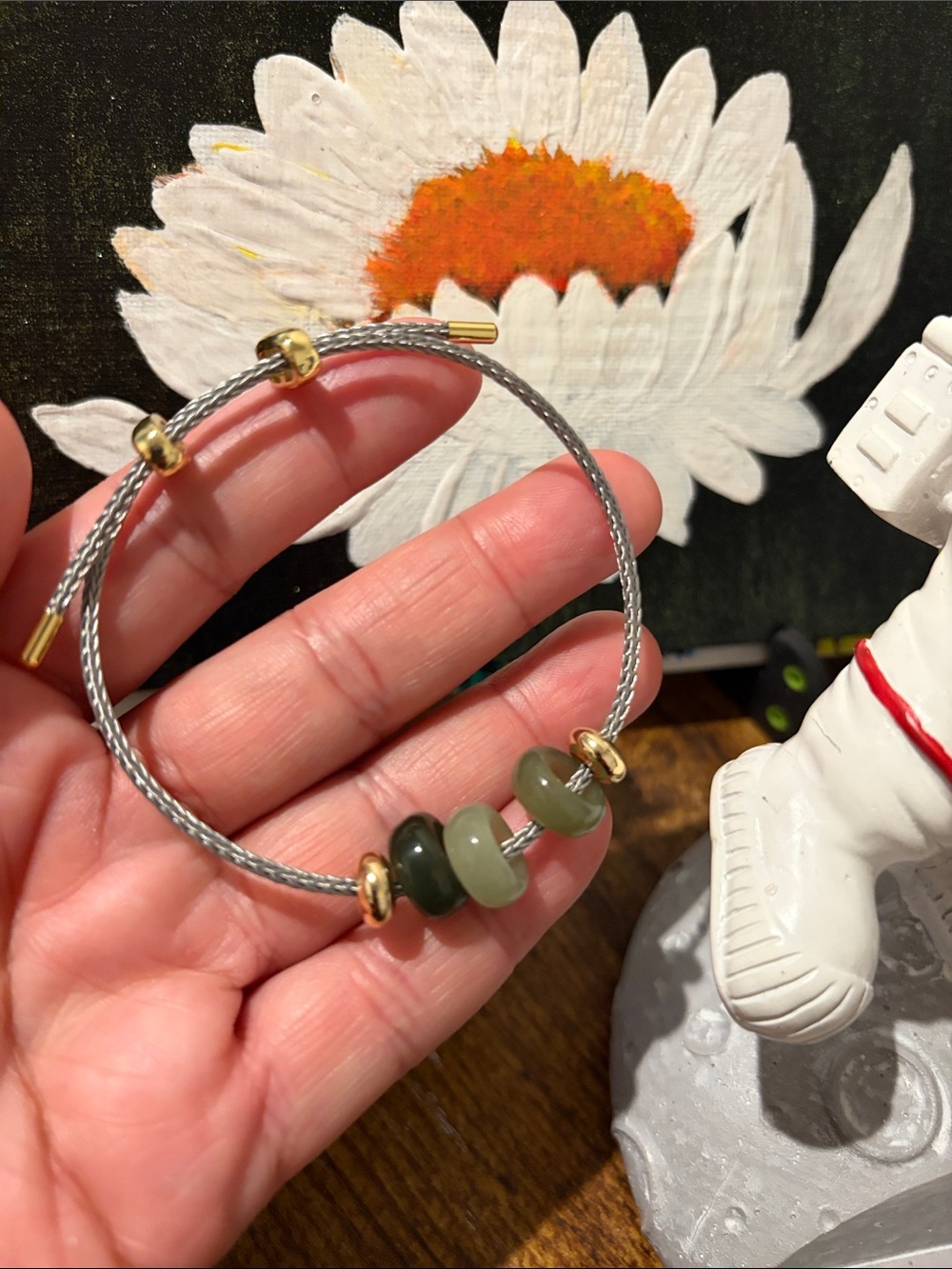 Handcrafted Green Jade rings -Bead gold Accent Bracelet - adjustable